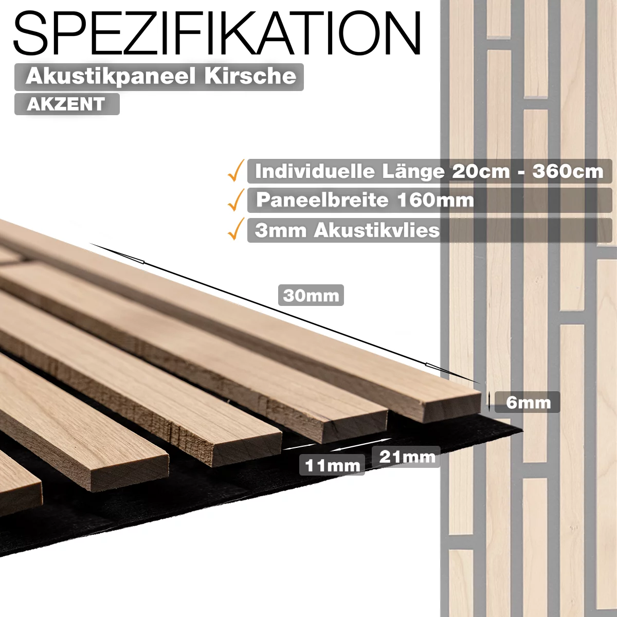 Akustikpaneel Akzent aus Kirsche mit 3 mm Akustikvliesnd Lamellenaufbau – technische Spezifikati uon von Wodewa