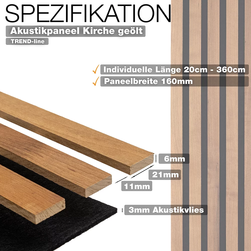 wodewa Akustikpaneel Echtholz Kirschbaum Trend-line mit 160 mm Paneelbreite, individuelle Länge 20–360 cm, Lamellen in 6 mm Stärke, 3 mm Akustikvlies – Wandpaneel für Raumakustik hergestellt in Deutschland