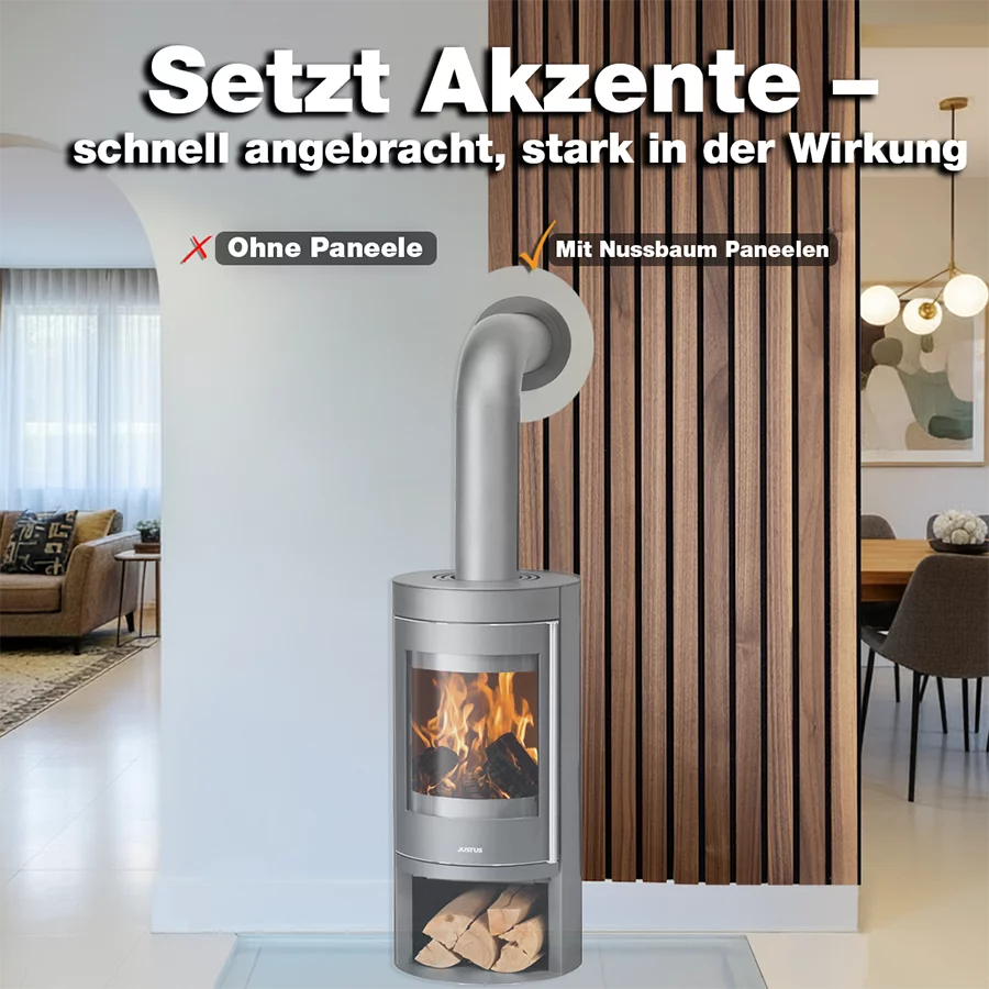 Vorher-Nachher-Vergleich eines Wohnraums mit und ohne Akustikbreitpaneele aus Nussbaum hinter einem Kamin von Wodewa