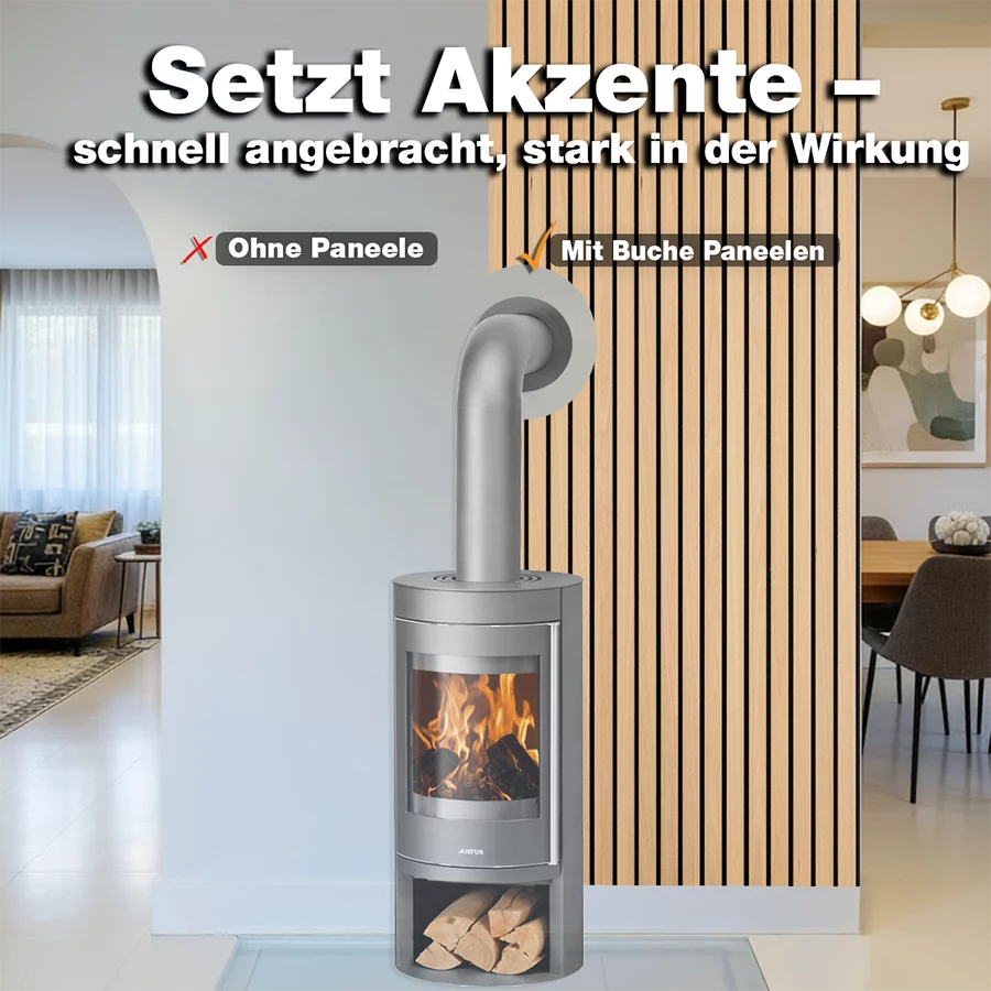 Vorher-Nachher-Vergleich eines Wohnraums mit und ohne Akustikbreitpaneele aus Buche hinter einem Kamin von Wodewa