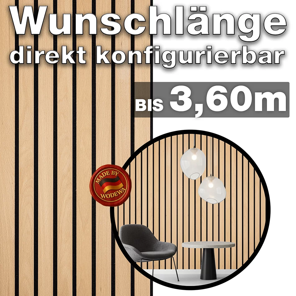 Akustik Breilamellenwand aus Buche von WODEWA in Wunschlänge bis 3,60 m – modernes Wanddesign Made in Germany