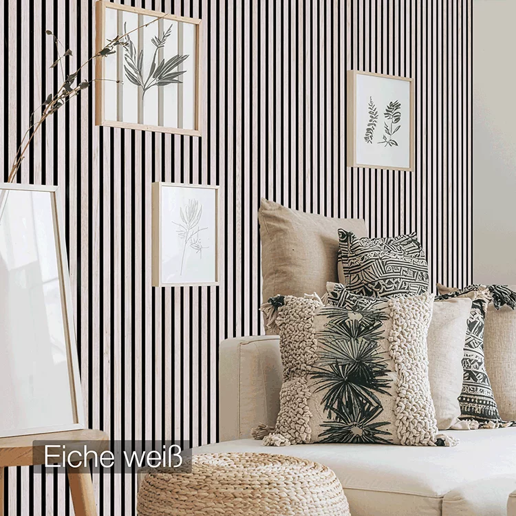 Akustikpaneel aus echter Eiche weiss von wodewa – elegante Wandverkleidung mit schallabsorbierenden Lamellen im Wohnzimmer
