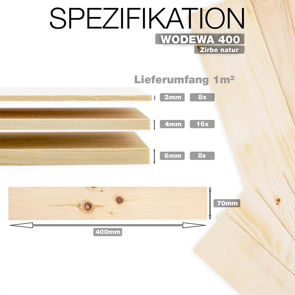 wodewa 400 Zirbe natur – Zirbenholz-Leisten 400×70 mm in 2–6 mm Stärke für natürliche Wandverkleidung, hochwertige Fertigung in Deutschland