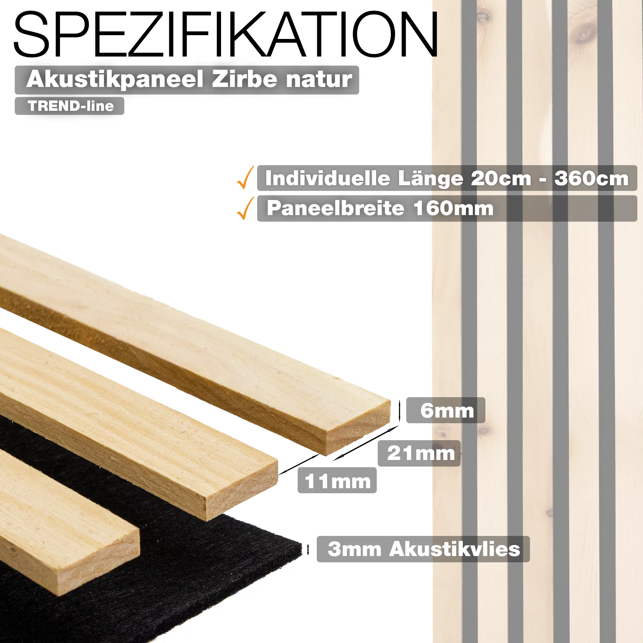 wodewa Akustikpaneel Echtholz Zirbe-Arve Trend-line mit 160 mm Paneelbreite, individuelle Länge 20–360 cm, Lamellen in 6 mm Stärke, 3 mm Akustikvlies – Wandpaneel für Raumakustik hergestellt in Deutschland