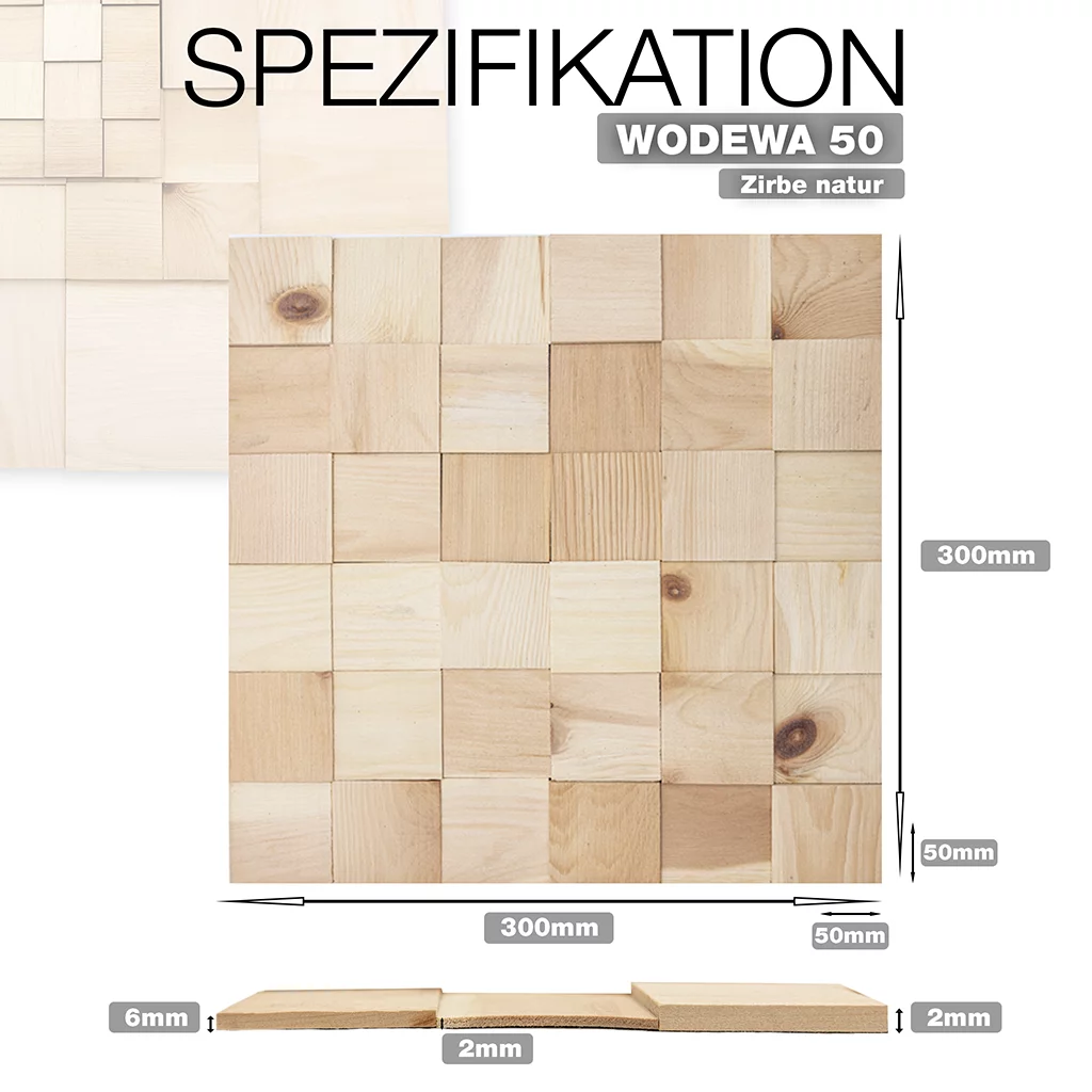 wodewa 50 Zirbe natur – 3D Holz Mosaik Wandpaneel 300×300 mm aus echtem Zirbenholz für moderne Wandverkleidung, hochwertige Produktion in Deutschland
