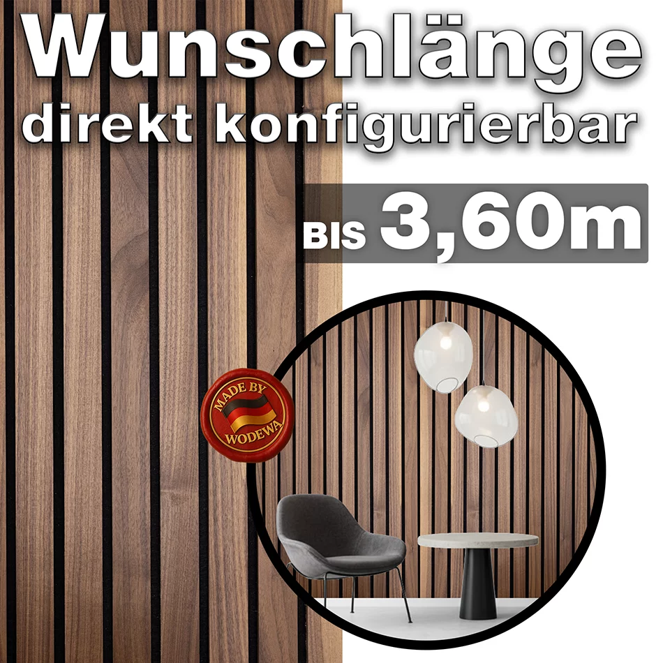 Akustik Breilamellenwand aus Nussbaum von WODEWA in Wunschlänge bis 3,60 m – modernes Wanddesign Made in Germany