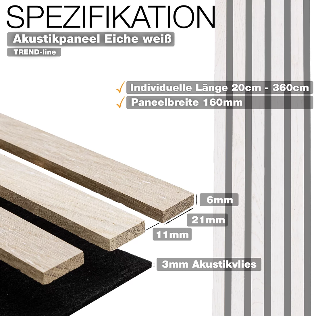 wodewa Akustikpaneel Echtholz Eiche weiss Trend-line mit 160 mm Paneelbreite, individuelle Länge 20–360 cm, Lamellen in 6 mm Stärke, 3 mm Akustikvlies – Wandpaneel für Raumakustik hergestellt in Deutschland