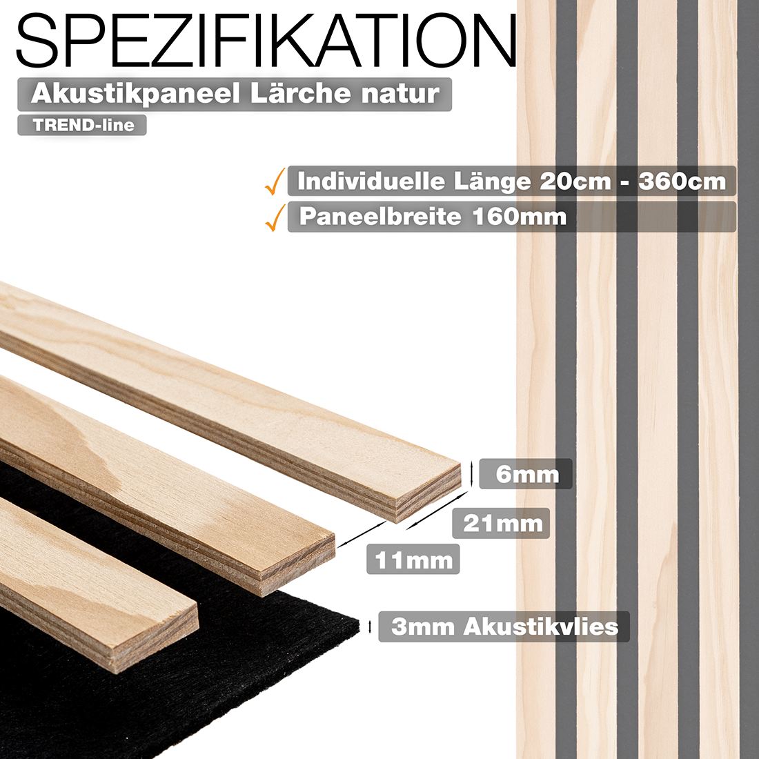 wodewa Akustikpaneel Echtholz Lärche Trend-line mit 160 mm Paneelbreite, individuelle Länge 20–360 cm, Lamellen in 6 mm Stärke, 3 mm Akustikvlies – Wandpaneel für Raumakustik hergestellt in Deutschland