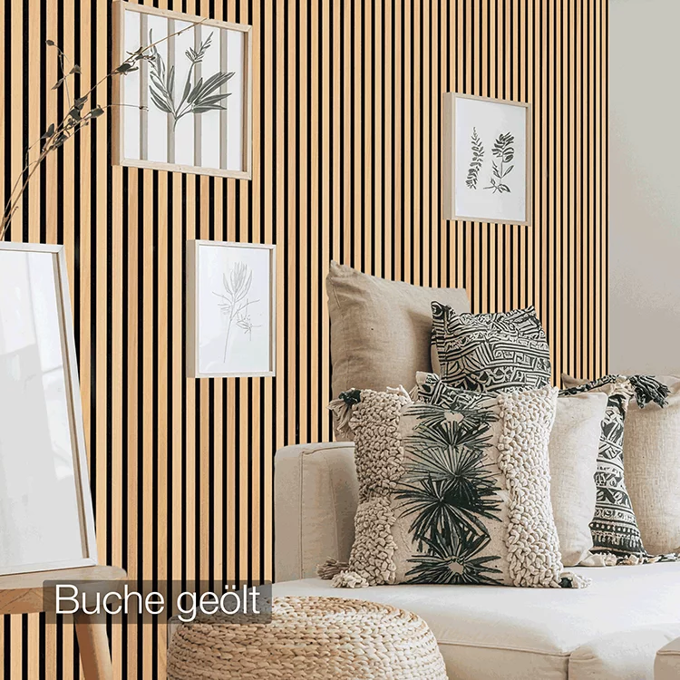 Akustikpaneel aus Buche-Holz von wodewa – natürliche Wandverkleidung mit akustischer Wirkung im Gästezimmer