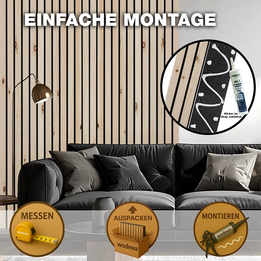 Breitholz-Lamellenwand aus Zirbe im Wohnzimmer mit einfacher Montage durch Kleber von wodewa
