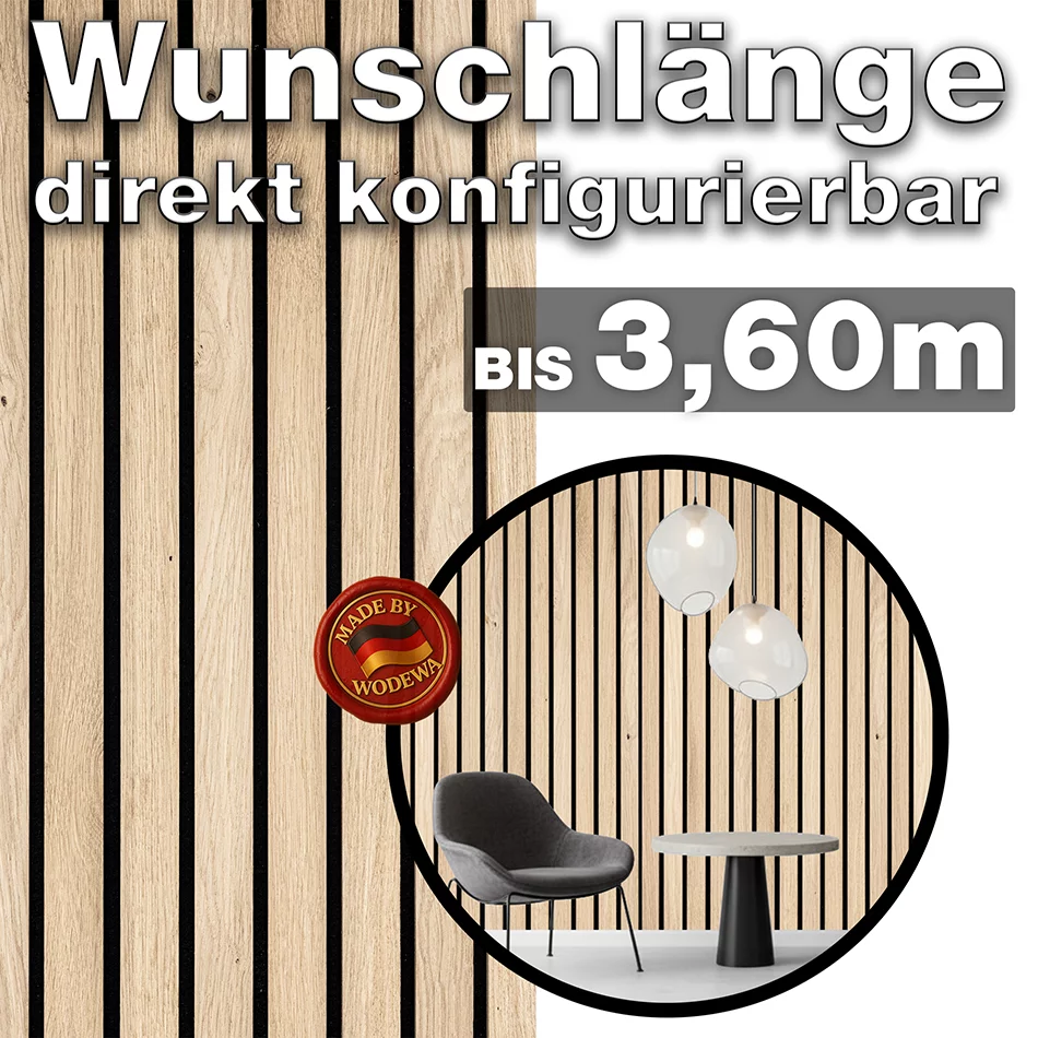 Akustik Breilamellenwand aus Eiche strukturiert natur von WODEWA in Wunschlänge bis 3,60 m – modernes Wanddesign Made in Germany
