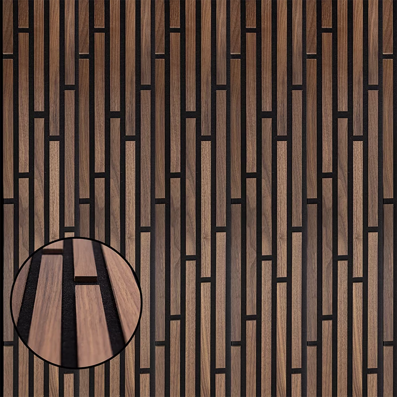 Echtholz Akustikpaneel Akzent aus Nussbaum von wodewa - Detailansicht der Holzstruktur und Lamellenoptik