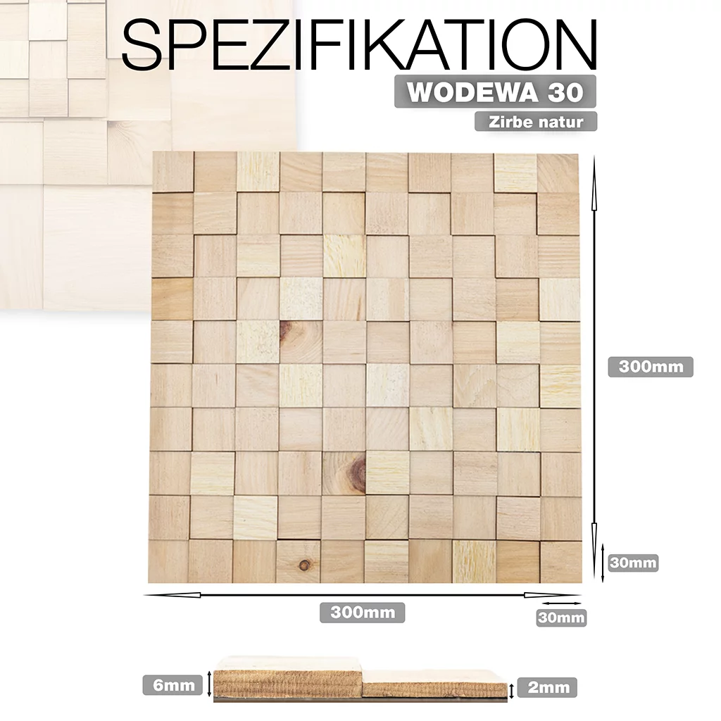 wodewa 30 Zirbe natur – 3D Holz Mosaik Wandpaneel 300×300 mm für moderne Wandverkleidung, echtes Zirbenholz, hochwertige Fertigung in Deutschland