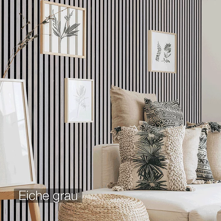 Akustikpaneel aus Eiche grau-Holz von wodewa – natürliche Wandverkleidung mit akustischer Wirkung im modernen Wohnzimmer