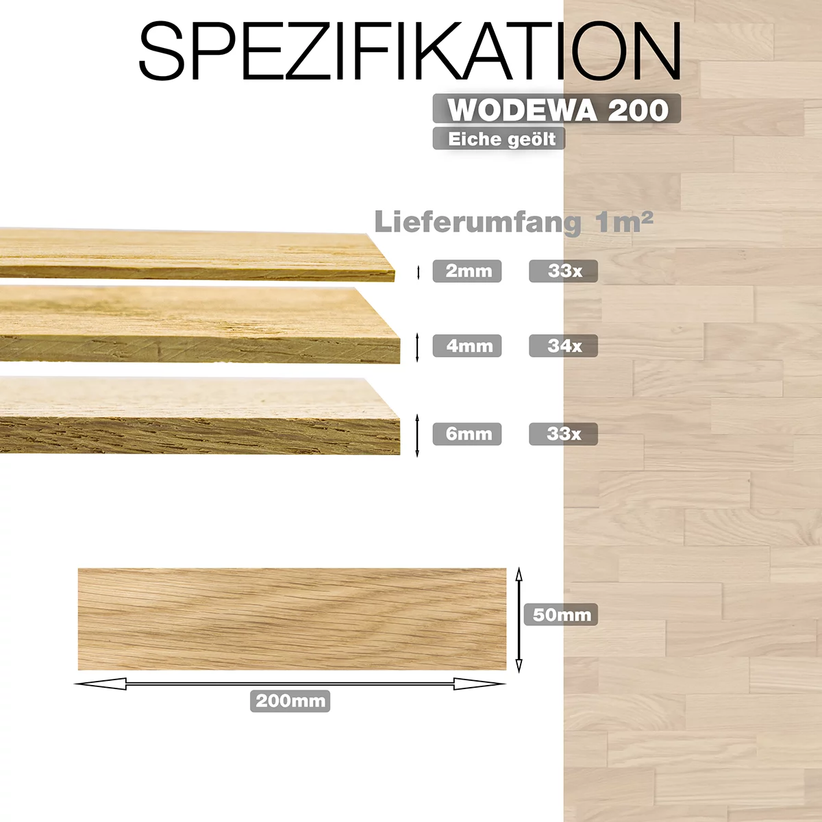 Spezifikation der WODEWA 200 Holzpaneele aus Eiche geölt mit Stärken 2–6 mm und Format 200 x 50 mm