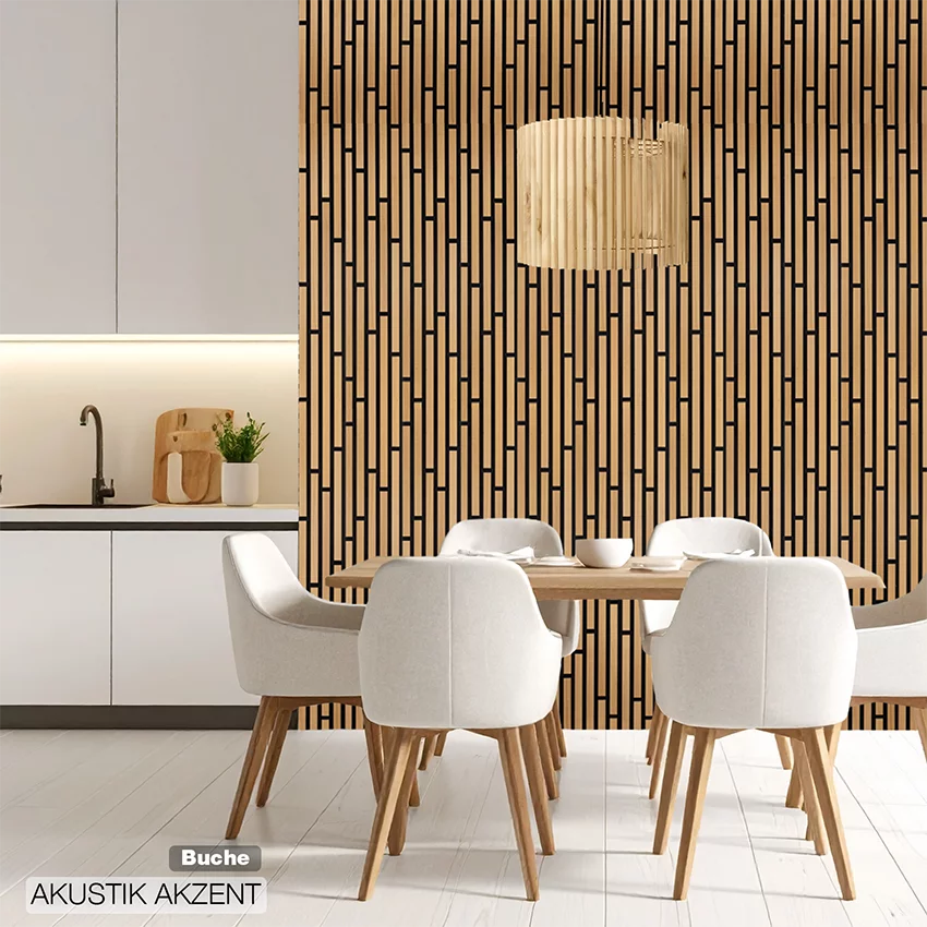 Moderner Küchen- und Essbereich mit Buche, Holzlamellenwand, Esstisch und weißen Stühlen im skandinavischen Design von Wodewa