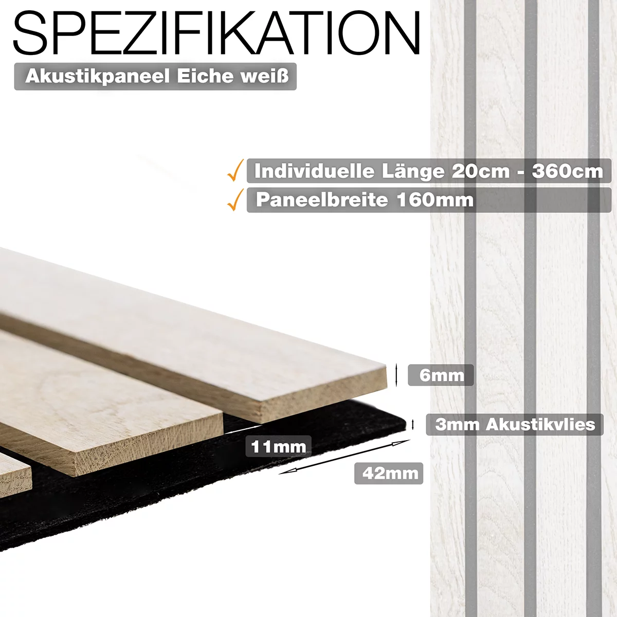 Spezifikation Akustikpaneel Eiche weiss mit Breitlamellen von Wodewa