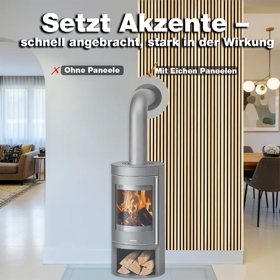 Vorher-Nachher-Vergleich mit wodewa Akustikpaneelen Echtholz Eiche gebürstet – moderne Wandgestaltung hinter Kamin, bessere Raumwirkung und Akustik hergestellt in Deutschland.