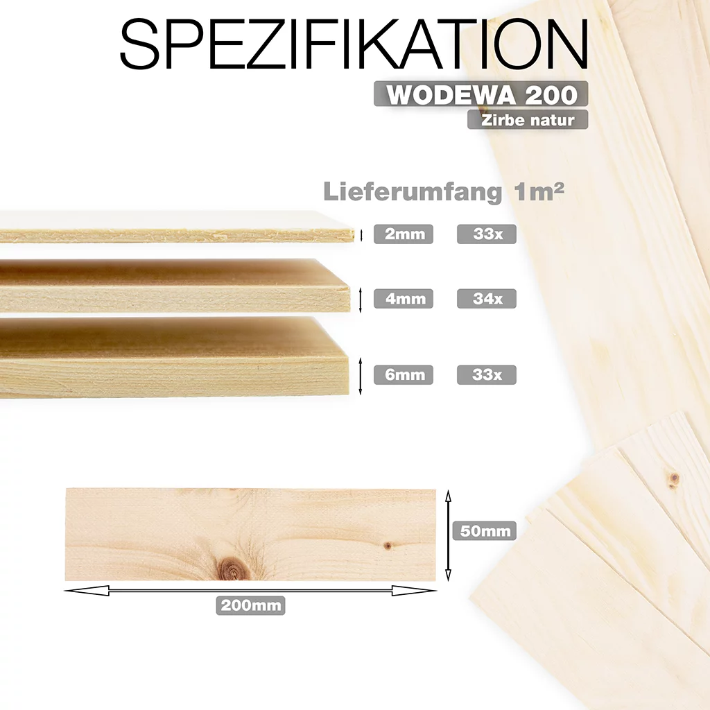 wodewa 200 Zirbe natur – Zirbenholz-Leisten 200×50 mm in 2–6 mm Stärke für moderne natürliche Wandverkleidung, hochwertig gefertigt in Deutschland