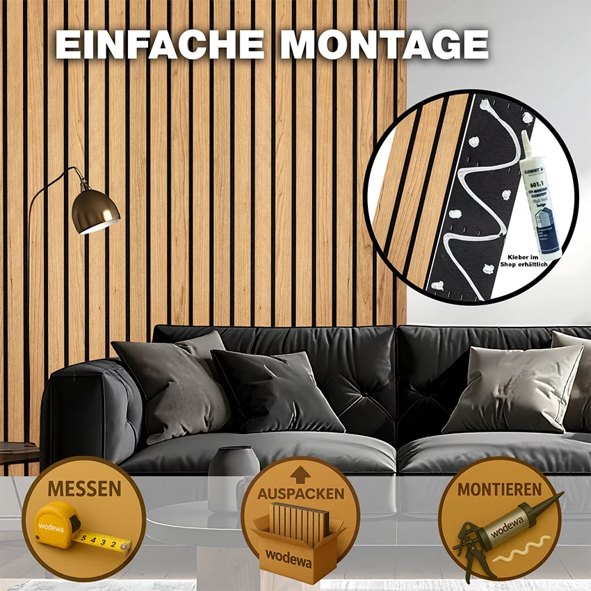 Breitholz-Lamellenwand aus Kirsche im Wohnzimmer mit einfacher Montage durch Kleber von wodewa