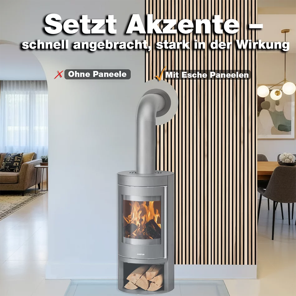 Vorher-Nachher-Vergleich mit wodewa Akustikpaneelen Echtholz Esche – moderne Wandgestaltung hinter Kamin, bessere Raumwirkung und Akustik hergestellt in Deutschland.