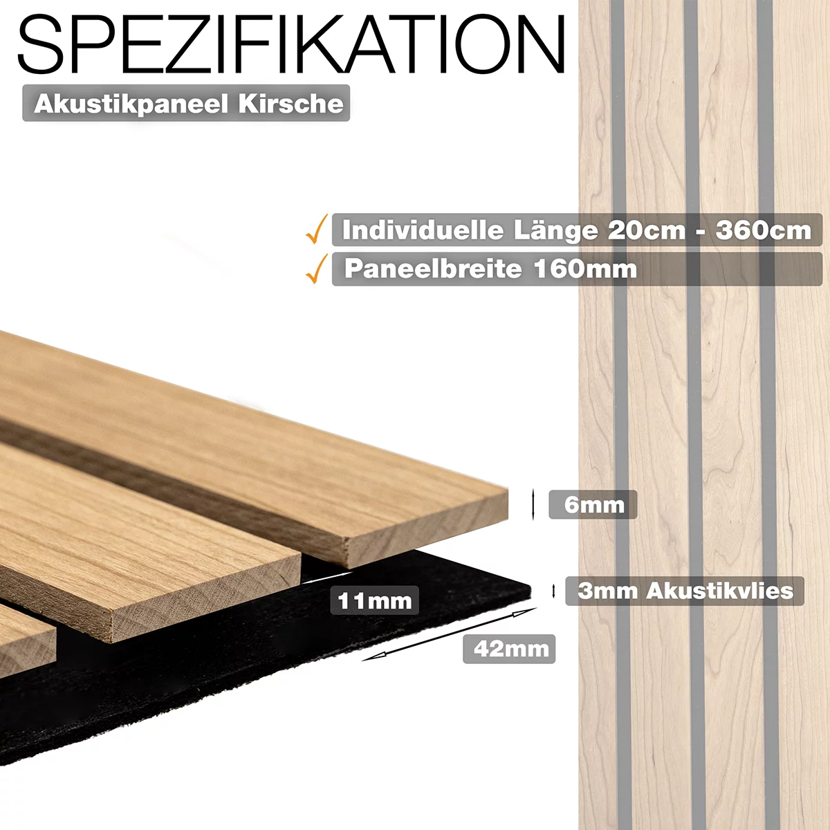 Spezifikation Akustikpaneel Kirsche mit Breitlamellen von Wodewa