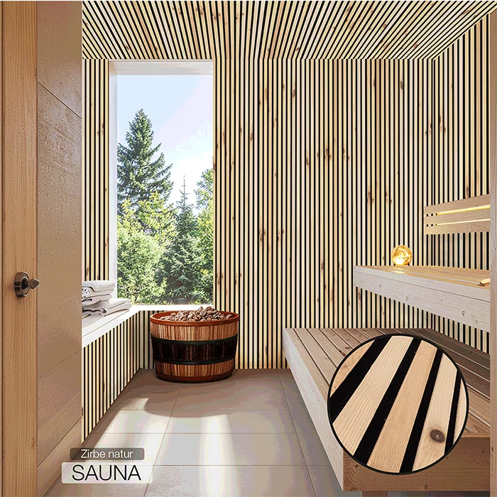 Akustikpaneel aus Zirbe-Holz von wodewa – natürliche Lamellenpaneele in einer modernen und exklusiven Sauna