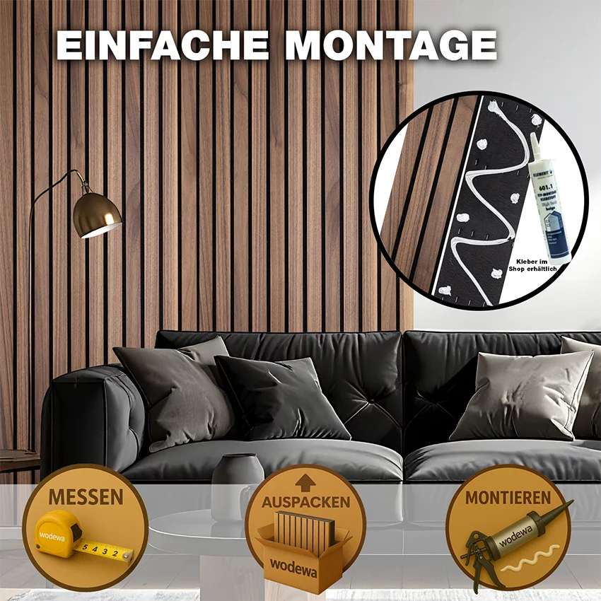 Breitholz-Lamellenwand aus Nussbaum im Wohnzimmer mit einfacher Montage durch Kleber von wodewa