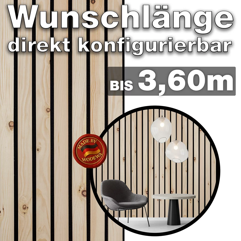 Akustik Breilamellenwand aus Zirbe von WODEWA in Wunschlänge bis 3,60 m – modernes Wanddesign Made in Germany